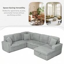 YOGLAD Corduroy Striped Upholstered U-Shaped Sectional Sofa Couch, Modern Minimalist Pull-Out Sleeper Sofa Bed With Storage Chaise, Deep Seat Soft Cushion Couch For Living Room, Apartment - 灰色 - 查看 8
