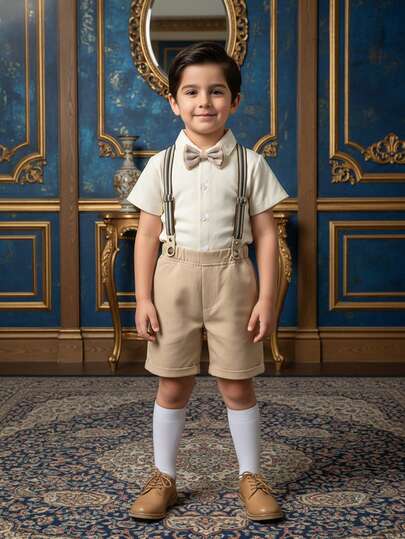 BOARNSEORL 2 件套年轻男孩绅士装 - 带蝴蝶结的短袖衬衫和卡其色吊带短裤，适合生日派对、婚礼、正式场合的时尚装扮