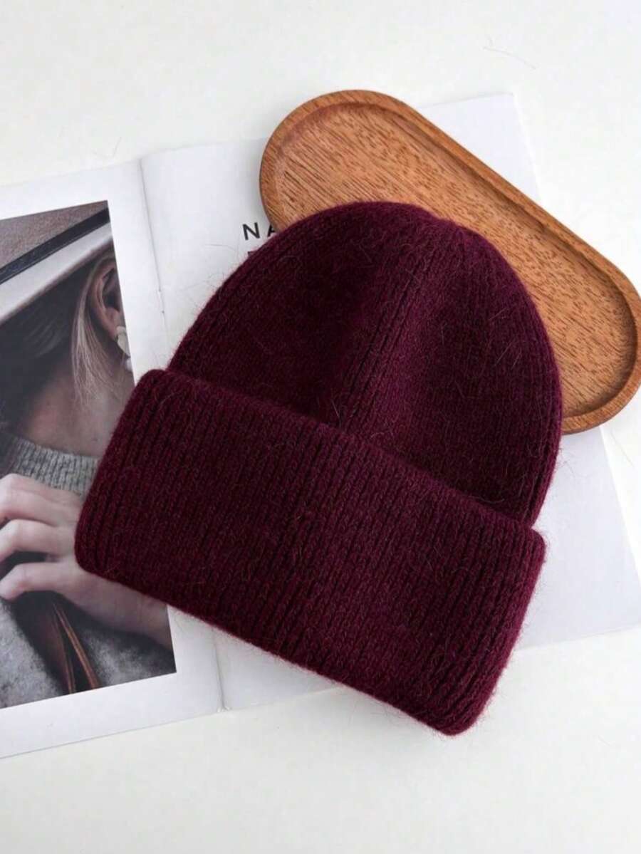 1ps White Knit Cuffed Beanie Hats For Women Winter Fur Knitted Caps Soft Slouchy Warm Snug Snow Ski Running Unisex Adult Knit Hat - Deep Burgundy - View 1