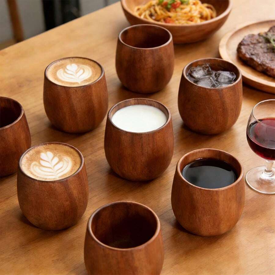 1/2/4个装手工天然木质大肚杯 160毫升/180毫升 - 咖啡/茶/酒杯，适合居家及户外使用 | 复古饮具，木质茶杯，实木天然杯，红木杯，木质茶/咖啡/饮料杯 - 棕褐色 - 查看 1