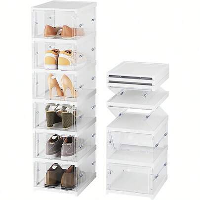 6Layer  Stackable Folding Shoe Box - Space Saving, 3/6-Tier Storage Organizer With Door For Entryway, Bedroom, Home, Dorm - Compact, Versatile, Easy Assembly, Multi-Functional Design