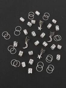 44pcs Stars Moon Combination Fashion Metal Cutout Dreadlock Hair Rings DreadLocks Suitable For Women Girls Holiday Dress Up, Claw Clips, Hair Slide, Hair Barrettes - Silver - View 2