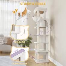 HEXCELEN Cat Tree, 67" Large Tall Cat Tower For Indoor Cats, Multi-Level Cats House With Condo, 8 Scratching Posts, Hammock, 4 Pom Poms, Light Grey/Dark Grey - 白色 - 查看 6