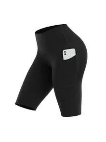 Plus Size Women High Waist Yoga Shorts With Pockets, Butt Lifting Sports Shorts For Gym Workout Running Black Summer - Black - View 6