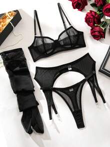 Black Sheer Lace Bra And Panty Lingerie Set, Includes Garter Belt And Stockings, Comfortable Stretch, Valentine's Day Gift, Romantic Night - Black - View 5