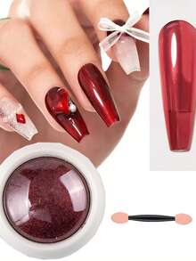 1Box Christmas Magical Mirror Powder Sets,Red Metallic Effect Mirror Glitter Powder Pigment Sparkling Holographic Manicure Magic Glitter Dust Kit,Includ1 Magical Mirror Powder + 1 Sponge Stick For Nails For Valentine's Day Nails DIY - Multicolor - View 2