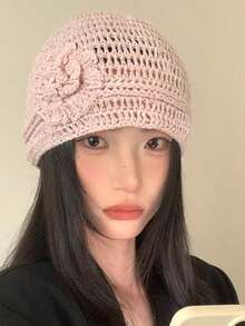 Women's Crochet Cap With Floral Accents, Cute And Sheer, Simple Design For Spring And Summer, Beige - Black - View 11