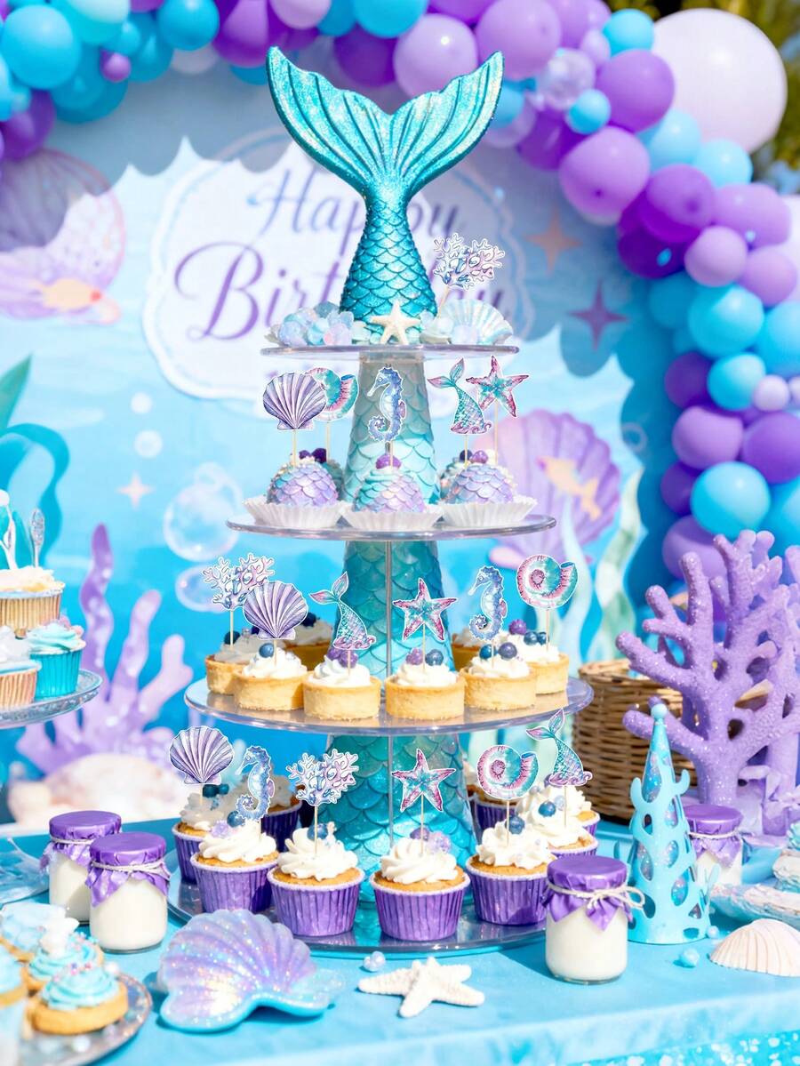 24pcs/12pcs/6pcs/Pack Mermaid Cupcake Toppers - Glitter Mermaid Birthday Decorations Under The Sea Cake Toppers Birthday Party Cake Decorations For Girls Kids Baby Shower,Baby Shower Party Decorations,Party Supplies - Multicolor - View 1