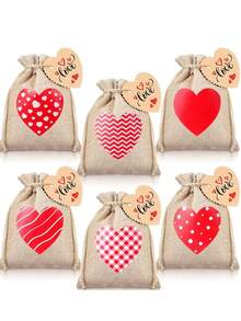 6 piezas Bolsas de lino con cordón con forma de corazón para el Día de San Valentín, incluye tarjetas y cordones de lino, bolsas de regalo con cordón de lino con diseño de corazón para bodas, aptas para el Día de San Valentín, bodas, despedida de soltera, aniversario, Día de la Madre, fiesta de cumpleaños y otras ocasiones. - Multicolor - Ver 1
