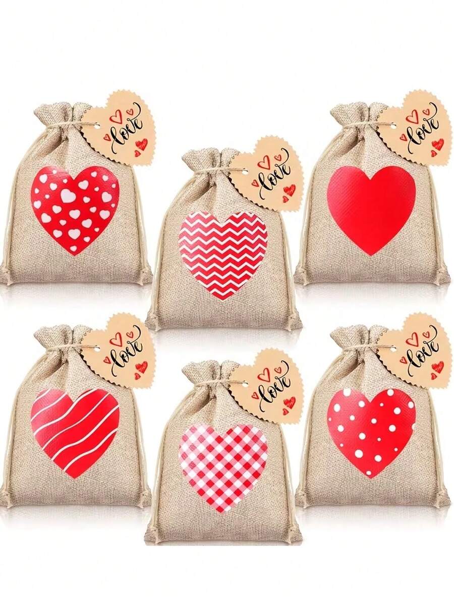 6 piezas Bolsas de lino con cordón con forma de corazón para el Día de San Valentín, incluye tarjetas y cordones de lino, bolsas de regalo con cordón de lino con diseño de corazón para bodas, aptas para el Día de San Valentín, bodas, despedida de soltera, aniversario, Día de la Madre, fiesta de cumpleaños y otras ocasiones. - Multicolor - Ver 1