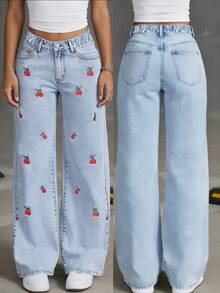 Tween Girl' Elastic Waist Washed Wide Leg Jeans With Embroidered Pattern, & Versatile - Light Wash - View 2
