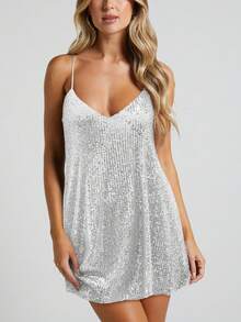 Sexy Backless V-Neck Sequin Bodycon Party Dress, Fashionable & Slimming, Versatile For Summer - Silver - View 4