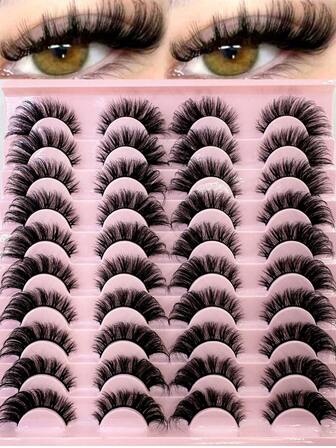 20对蓬松仿貂毛假睫毛，D型卷翘，打造魅惑猫眼妆效，浓密纤长，可重复使用，适合派对、婚礼等场合。