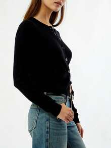Womens Cardigan Sweaters Round Neck Long Sleeve Lightweight Button Down Sweater 2026 Spring Knit Tops - Black - View 5