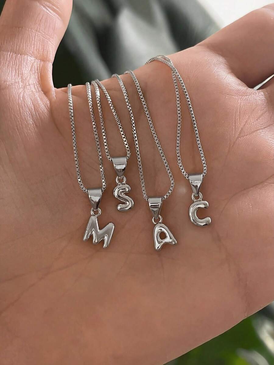 1pc Minimalist Thick Line Balloon Letter Pendant Stainless Steel Necklace, Suitable For Children, Customizable A-Z Name, Bubble Letter Necklace, Anniversary Birthday Gift And Daily Wear - Silver - View 1