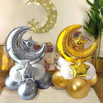 12/24-delars Ramadanballongset, inkluderar folieballonger med måne och stjärna samt guld-, silver- och vita latexballonger, lämpliga för Ramadan, Eid-firanden, Ramadan Kareem, Ramadan Mubarak, Eid Mubarak-temafestdekorationer
