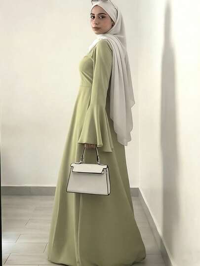 Dignified And Elegant Women's Dress, Olive Green Long Sleeve Loose Long Dress, Casual Daily Wear Spring