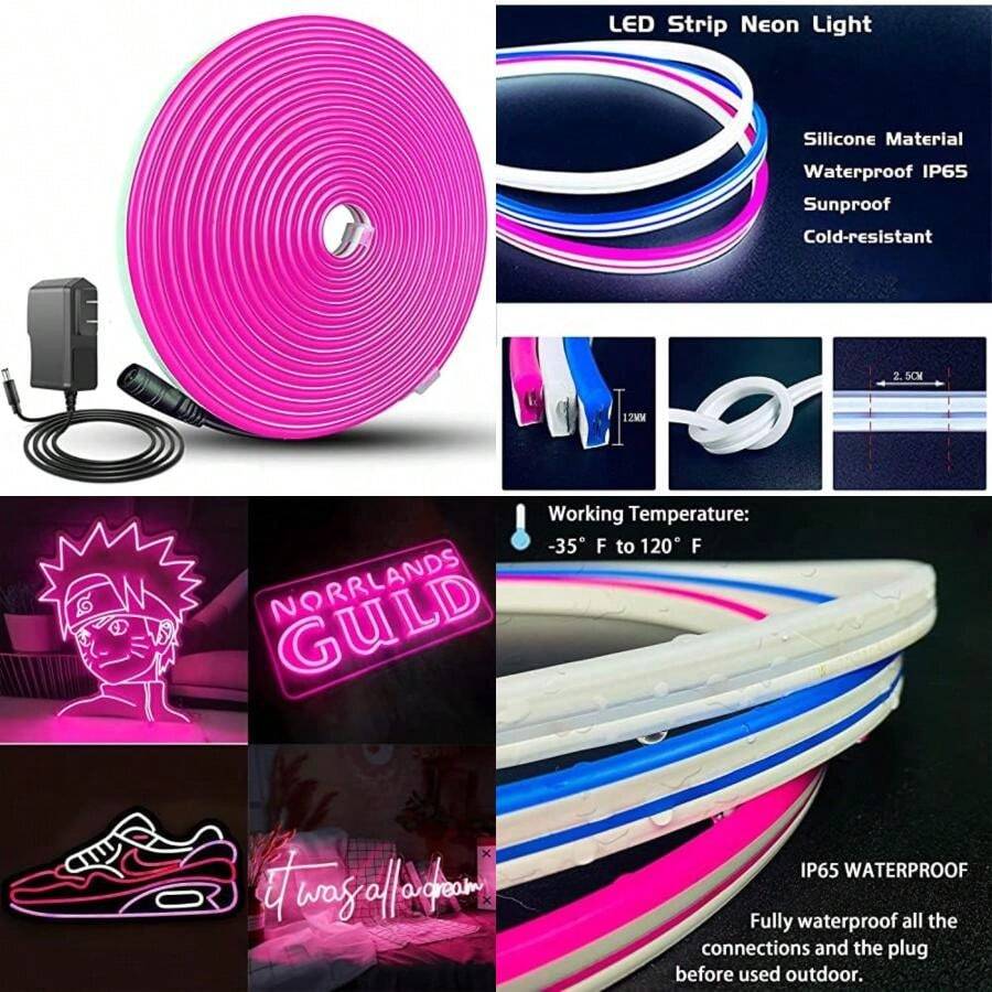Tira Neón Flex 5 Metros 12 Voltios Impermeable Adaptador Luces Neon Decoración Cuarto Exteriores Habitación ()(Rosa Neón + Adaptador) - Multicolor - Ver 1