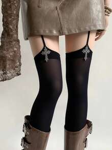 Women's 3D Criss-Cross Suspender Over-The-Knee Socks Lolita Velvet Solid Black & White Thigh High Socks, Y2K Style, Comfortable Long Socks, Home Gift, Romantic Couple - Multicolor - View 1