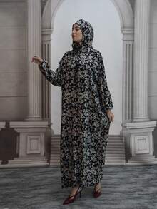 عباءة نسائية طويلة مطبوعة بالزهور مع كابوشون وسحاب، عباءة صلاة عربية مصنوعة من قماش منسوج، فضفاضة ومريحة وقابلة للتنفس، مناسبة لجميع المواسم والعطلات - متعدد الألوان - مشاهدة 4