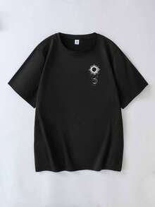 夏日月亮印花落肩T恤，女式上衣，适合日常穿着、外出、聚会、上学、参加音乐节、度假、通勤。可作为礼物送给家人、男朋友、女朋友、朋友，是女孩夏季服装的理想之选。 - 黑色 - 查看 4