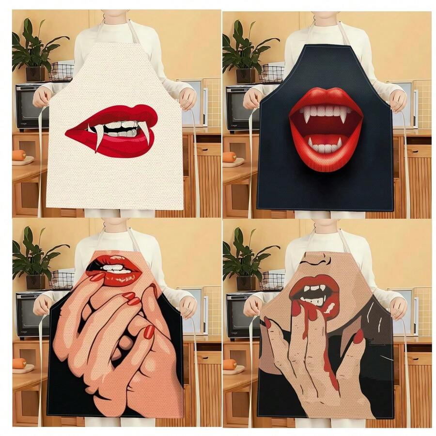 1pc Red Lip Pattern Apron, Creative And Interesting Fashionable Printed Apron, Easy-To-Clean Kitchen Cooking Apron, Creative Home Apron - Multicolor - View 1