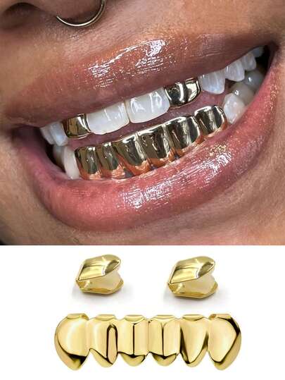 1 Set Of Top 2 Teeth & Bottom 6 Teeth Smooth Metal Hip Hop Teeth Grillz, Unisex Party Cosplay Stage Props