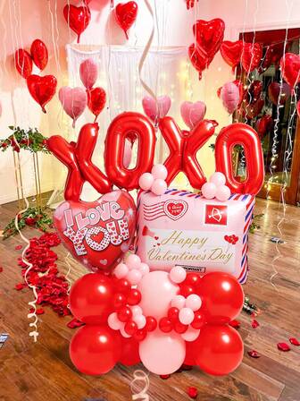56pcs Valentine's Day Party Decoration Balloon Set, Including 16-Inch Red "XOXO" Letter Foil Balloons, Pink Love Letter/Envelope Shaped Balloons, 18-Inch "I Love You" Heart Shaped Balloons, Suitable For Valentine's Day, Birthday, Wedding, Anniversary, Confession, Scene Atmosphere Decoration, Photo Booth Props, Party Decor