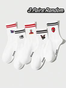 Marvel 5/3/1 双装情侣/男士/女士白色运动袜，饰有酷炫可爱的蜘蛛侠卡通图案，经典简约柔软舒适校园风中筒袜，个性化时尚透气吸湿排汗黑红双条纹袜，适合生日派对/户外运动/校园活动/节日聚会 - 白色 - 查看 6