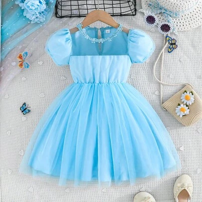 Girls' Blue Princess Dress With Puff Sleeves, Tulle Skirt + Lace Decor Tassel Dress, Fairy-Like Party Outfit