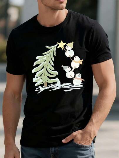 Camiseta negra con estampado navide?o de mu?eco de nieve, tejido de alta calidad, estampado moderno, hip-hop urbano, transpirable.