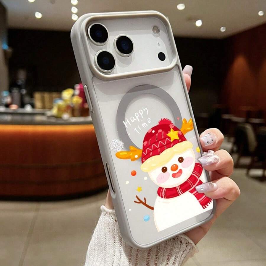 High-Quality Macaron Acrylic Magnetic Phone Case,Snowman Winter Joy Printed Cell Phone Shell Magnetic Charging Phonecase Handy Case, Handy Cover For 11 12 13 14 15 16 17 17 Air 17 Pro 17 Pro Max Shock Resistant Protective Case - Gris - Ver 1