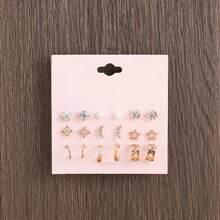 9对合金水晶珍珠月亮星星U形耳环套装，优雅独特设计，女士耳环 - 彩色 - 查看 8