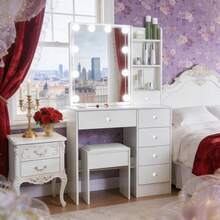 White Dressing Table LED Vanity Stool Set Makeup Desk W/ Mirror 10 Light &Drawer - 白色 - 查看 4