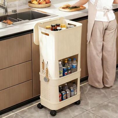 Ins Style Kitchen Trash Can With Lid, Multi-Layer Rolling Floor Standing, Movable For Living Room, Bedroom, Bathroom, Multi-Function Storage Rack With Roller Bin