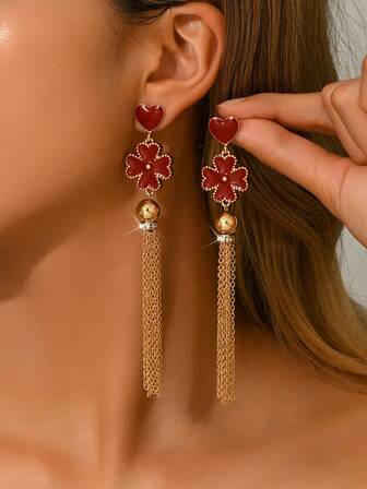 1 Pair Fashionable, Elegant & Sexy Chinese Style Red Heart Stud, Red Flower & Golden Tassel Glass Rhinestone Earrings, Suitable For Party, Banquet, Holiday, Valentine's Day, Thanksgiving, Birthday Gift