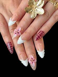 10pcs Almond Handmade Press On Nails, White Embossed French Tips, 3D Flower Carving, Snake Hand-Painted Design, 3D Gold Beads, Simple And Elegant Handmade False Nails, Suitable For Girls And Ladies' Daily, Holiday, Vacation, And School Nail Decorations, Comes With Jelly Gel And Nail File - Multicolor - View 4