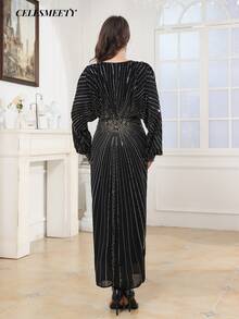 Vestido de Baile de Luxo Estilo Real com Bordado de Lantejoulas e Contas, Vestido Elegante de Manga Morcego de Chiffon Preto Listrado - Preto - Visão 7
