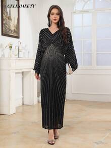 Vestido de Baile de Luxo Estilo Real com Bordado de Lantejoulas e Contas, Vestido Elegante de Manga Morcego de Chiffon Preto Listrado - Preto - Visão 2