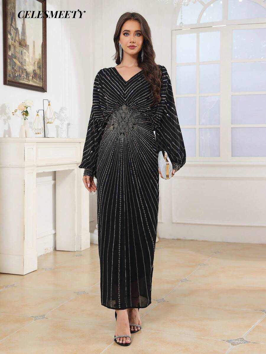 Vestido de Baile de Luxo Estilo Real com Bordado de Lantejoulas e Contas, Vestido Elegante de Manga Morcego de Chiffon Preto Listrado