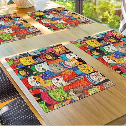 2/4/6 Pcs Whimsical Pet Cat Placemats, 100% Polyester 12.5*16.5inch Table Mats,Themed Kitchen Placemat Accessories, The Placemat Is Perfect For Party Decorations, Kitchen And Dining Table Decorations, And Indoor And Outdoor Decorations