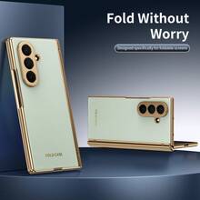 真皮一体式电镀材质仿皮全包覆保护手机壳，兼容三星 Galaxy Z Fold 7 6 5 4 Fold7 Fold6 Fold5 Fold4，附赠钢化玻璃屏幕保护膜，春季礼物 - 青色 - 查看 7