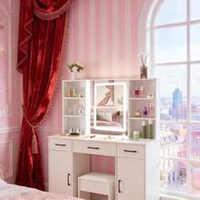 Makeup Desk Large Dressing Table LED Mirror 3 Drawers 2 Cabinets & Stool Vanity - White - View 2