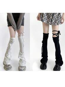1双亚文化原宿哥特风过膝长筒袜，黑白相间，修身显瘦，时尚系带设计，不对称荷叶边，喇叭形袜口，适合Y2K甜美酷炫风、摇滚风、独特日常穿搭 - 彩色 - 查看 14