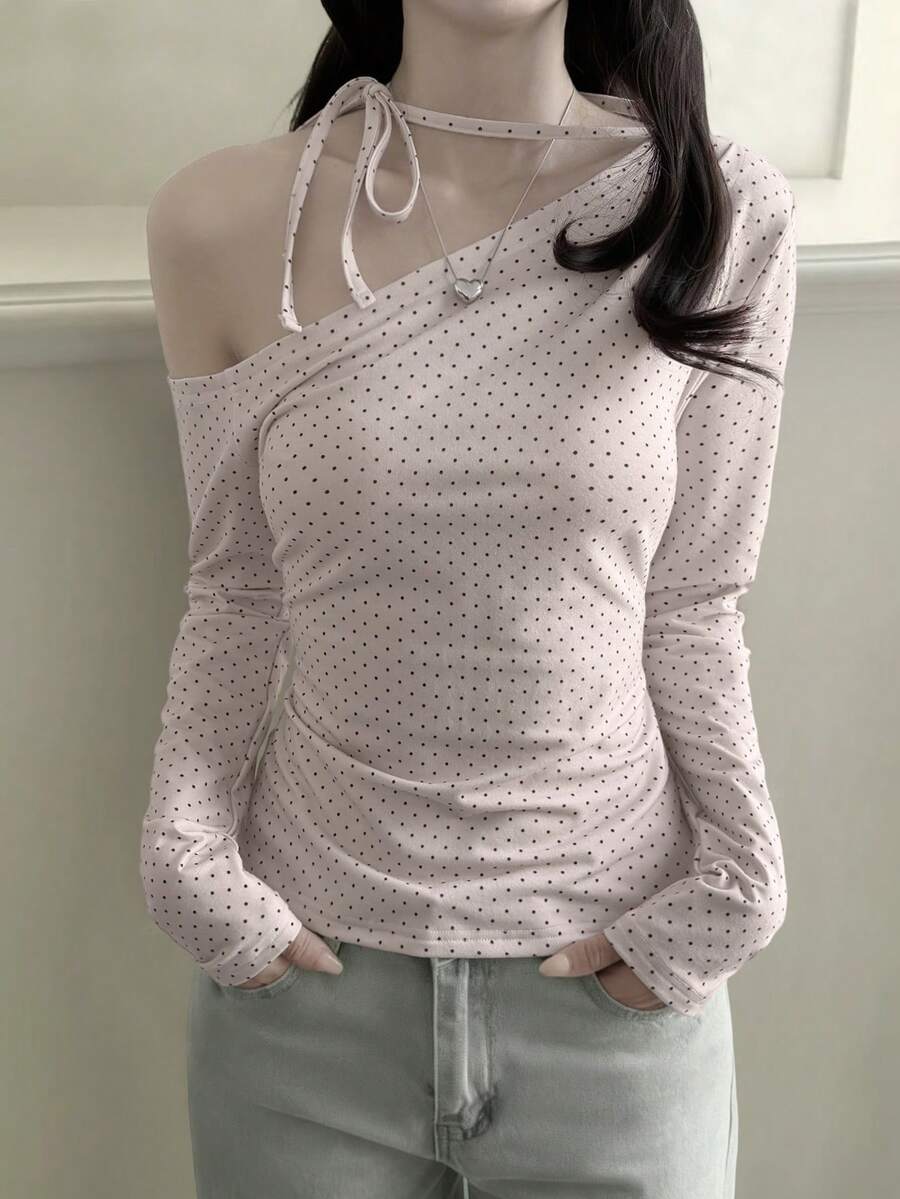 阳光少女风粉色波点针织长袖上衣，韩版纯粹欲望风格，单肩蝴蝶结系带，适合夏季情人节、居家休闲或日常通勤穿着。 - 粉色 - 查看 1