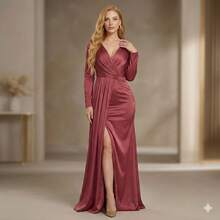 Vestido de Gala en Power Satín con Manga Larga y Abertura Later - Rosa Roja - Ver 3