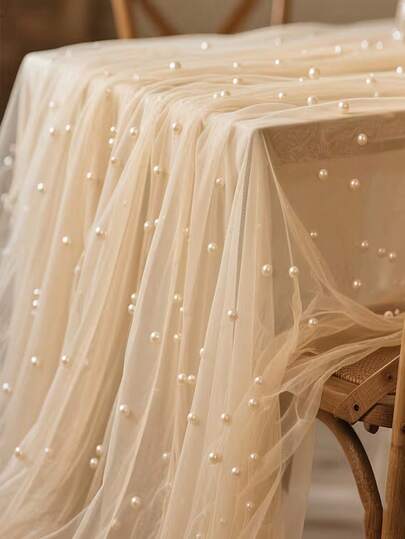 1pc Faux Pearl Decorated Sheer Fabric, Photography Backdrop, Can Be Used As Table Runner, Pearl Background Tablecloth, Wedding White Pearl Sheer Tablecloth, Wedding Arch Decor, Wedding Reception, Bridal Shower, Party Decoration