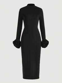 女士优雅玫瑰装饰中长连衣裙，纯色针织面料，饰以3D立体花朵，适合秋冬季优雅场合、派对、正式活动等。 - 黑色 - 查看 7