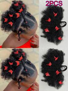 2 Pcs 4-Inch Kids Afro Kinky Curly Hair Ponytail Extensions With Mini Butterfly Clips And Black Elastic Bands, Synthetic Fiber - Natural Black - View 14