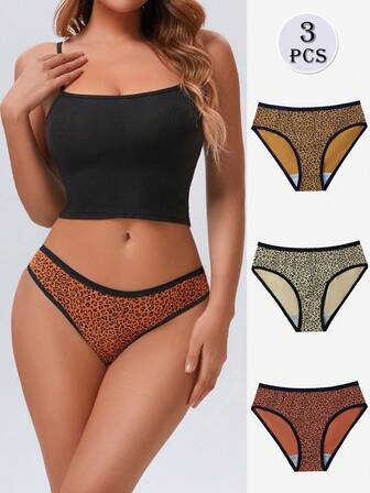 3件套女士纯棉豹纹印花三角内裤柔软透气女性内衣